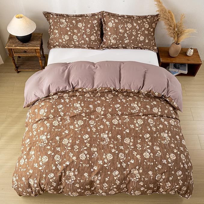 OAITE Brown Flower Twin Size Duvet Cover-3 Pieces Prewashed Cotton-Like - Image 6