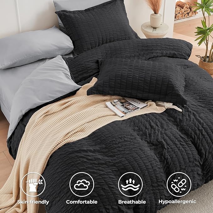 HYMOKEGE Black/Light Grey Full Size Comforter Sets Seersucker 7 Pieces - Image 3