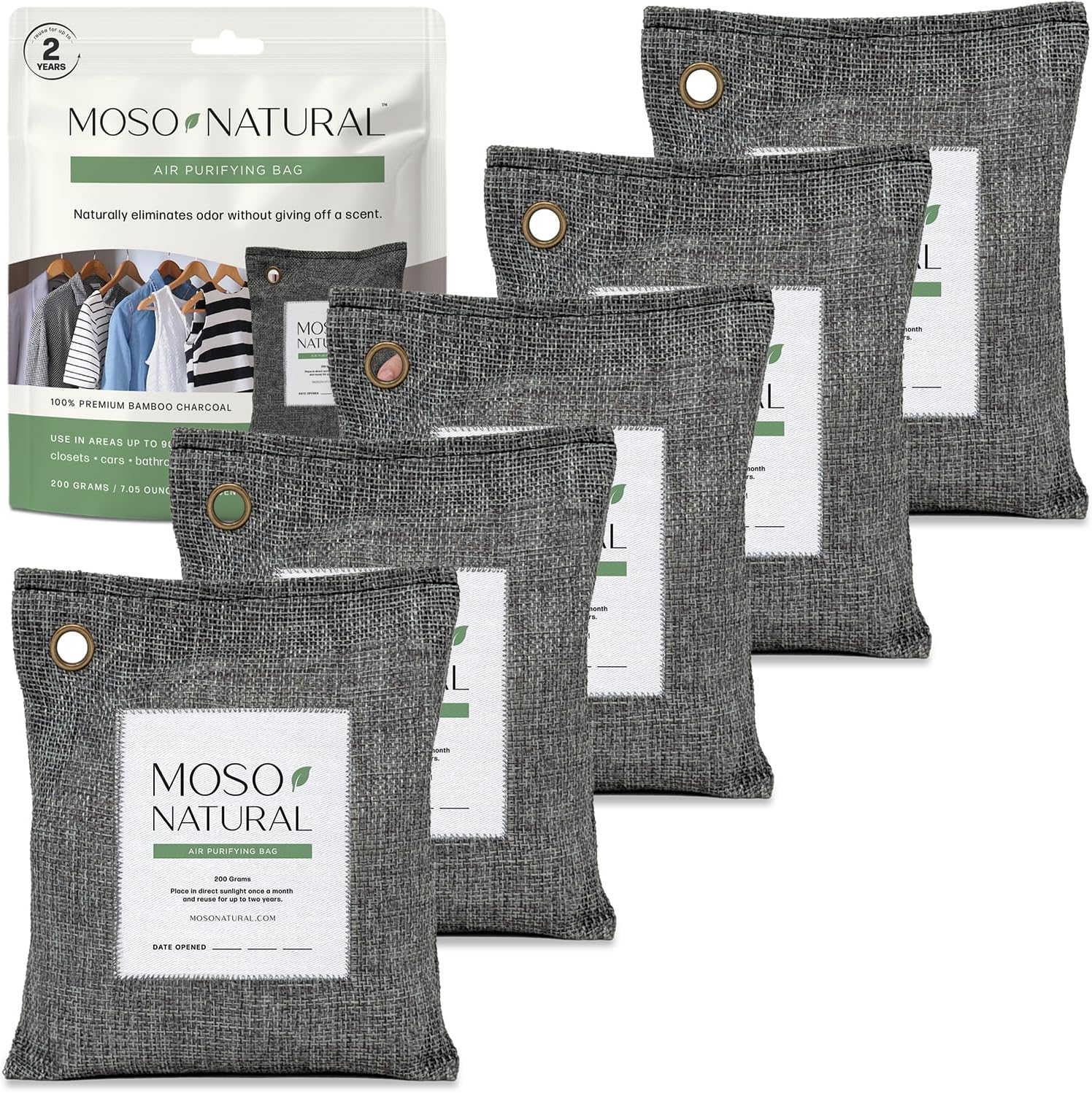Moso Natural Air Purifying Bag 200g (5 Pack) Bamboo Charcoal Odor Absorber for Home & Car | Closet Odor Eliminator, Small Room Deodorizer & Car Air Freshener | Long Lasting Charcoal Bags Cover 90sqft