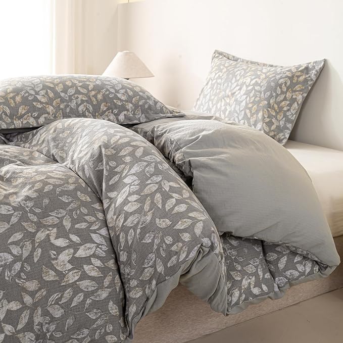 OAITE Grey Leaves Twin Size Duvet Cover-3 Pieces Prewashed Cotton-Like - Image 3