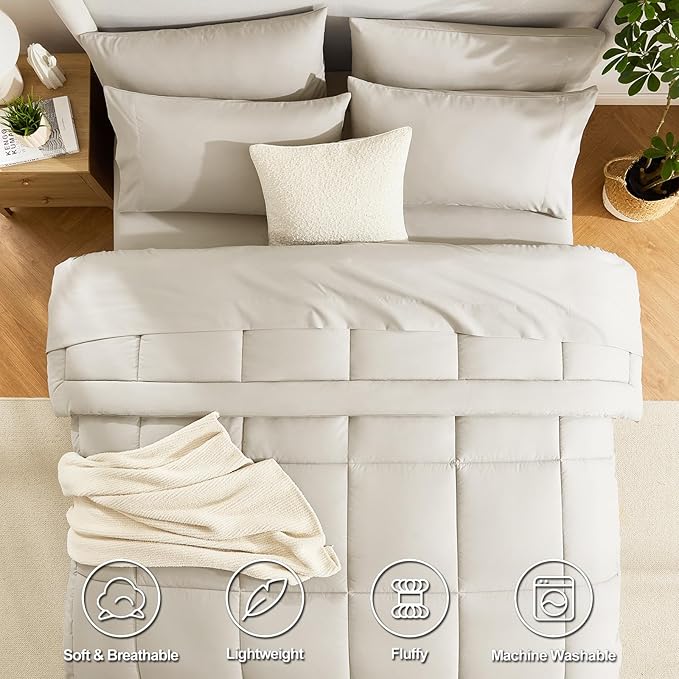 CozyLux Queen Comforter Set Beige, 7 Pieces Bed in a Bag, All Season Bedding - Image 2