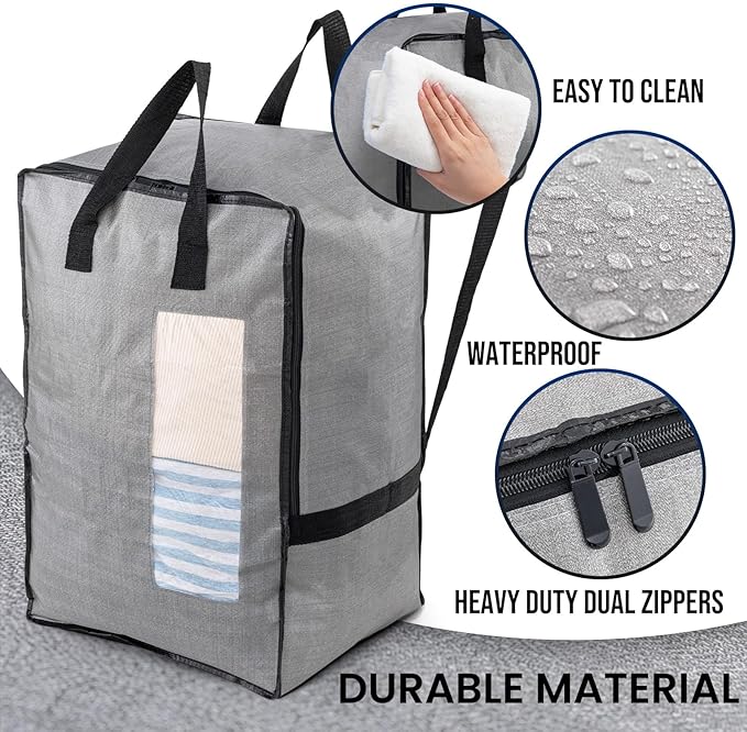 TAILI 4 Pack Gray Moving Bags w/Adjustable Backpack Straps, Moving Supplies, Moving Boxes Alternative, Heavy Duty Storage Totes for College Packing, Camping Backpack for Travel, Dorm, Laundry