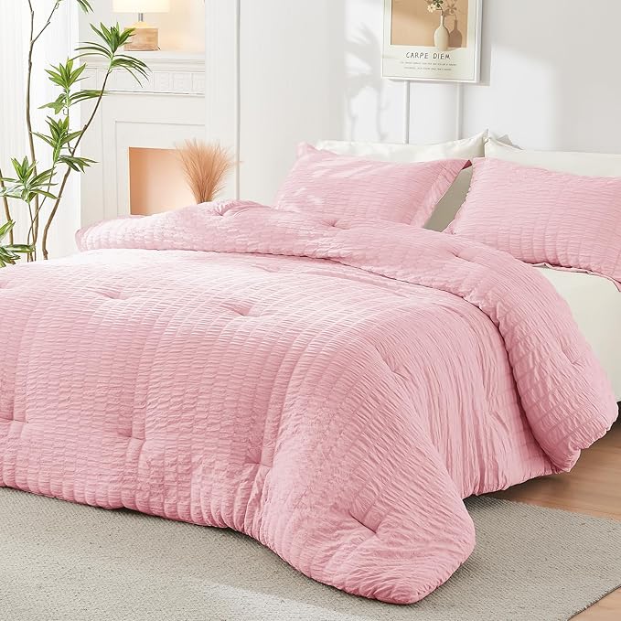 HYMOKEGE Pink/Ivory Full Size Comforter Sets Seersucker 7 Pieces, All Season - Image 8