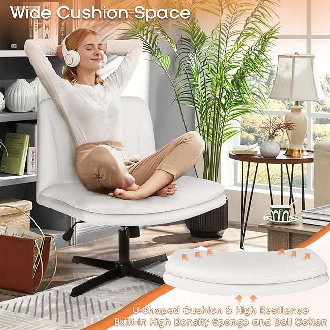 PUKAMI Criss Cross Legged Office Desk Chair No Wheels,PU Leather Modern Swivel Height Adjustable Wide Seat Mid Back Computer Task Vanity Chair for Home Office