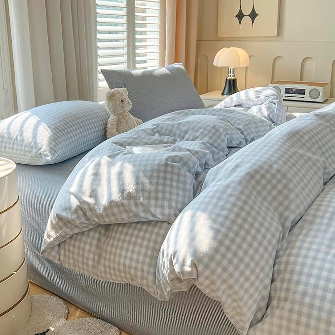 mixinni Light Blue Gingham Duvet Cover Set King Size - Image 2