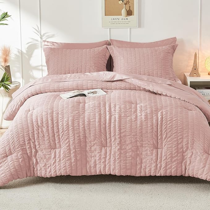 HYMOKEGE Rose Gold Queen Comforter Set Seersucker 7 Pieces, All Season Luxury - Image 9