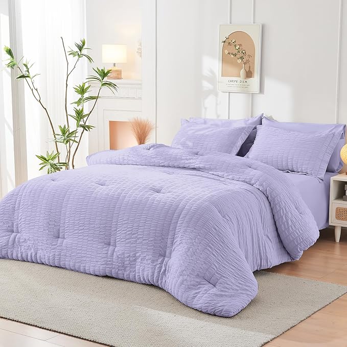 HYMOKEGE Light Purple Twin Comforter Set Seersucker 5 Pieces, All Season Luxury - Image 8