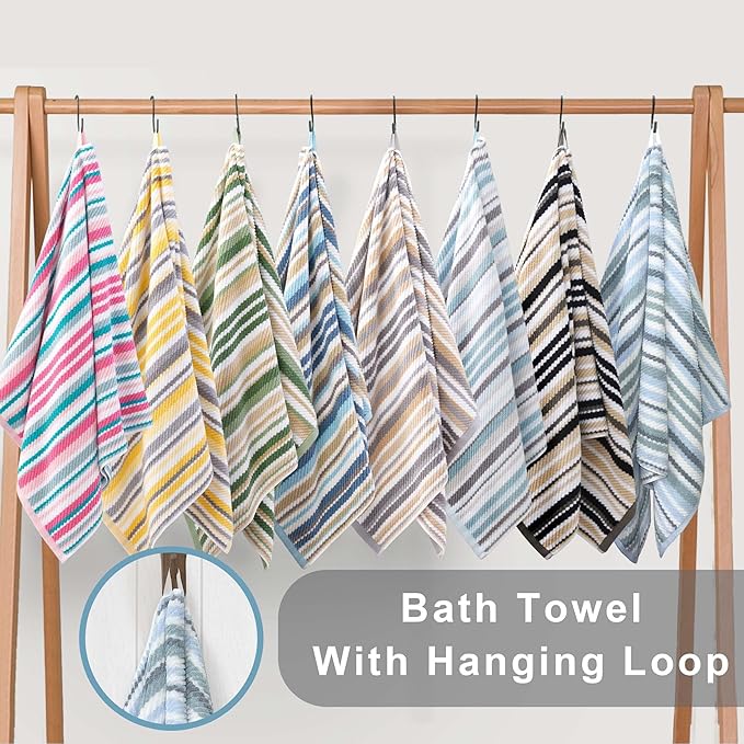 Blue Striped Bath Towels Set of 4, 100% Cotton, Lightweight, Super Soft & - Image 6