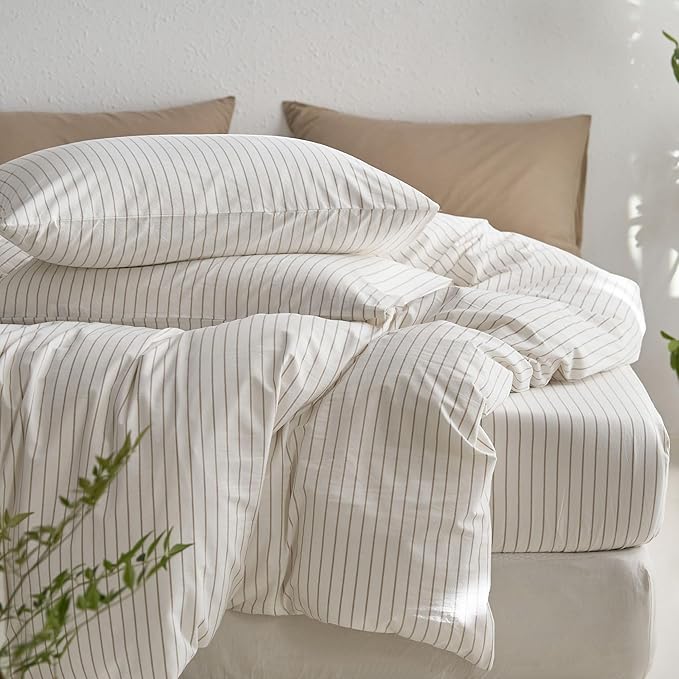 MooMee Striped Duvet Cover Set 100% Washed Cotton Linen Like Textured - Image 6