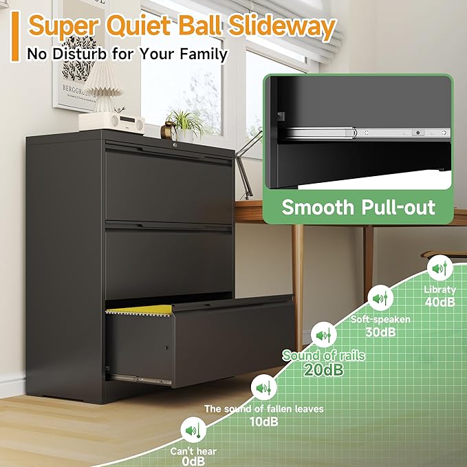 LONGLINK 3 Drawer Lateral File Cabinets with Lock,Metal Filing Cabinet for Home Office,Wide Office Storage Cabinet with Hanging Bars for A4 Legal/Letter Size(Easy Assembly)