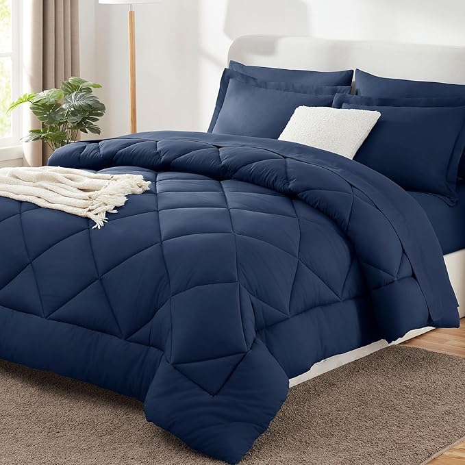 CozyLux Oversized Queen Comforter Set Navy Blue, 7 Pieces Bed in a Bag by CozyLux