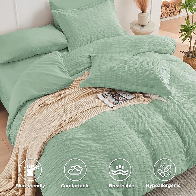 HYMOKEGE Sage Green King Size Comforter Set Seersucker 7 Pieces, All Season - Image 3
