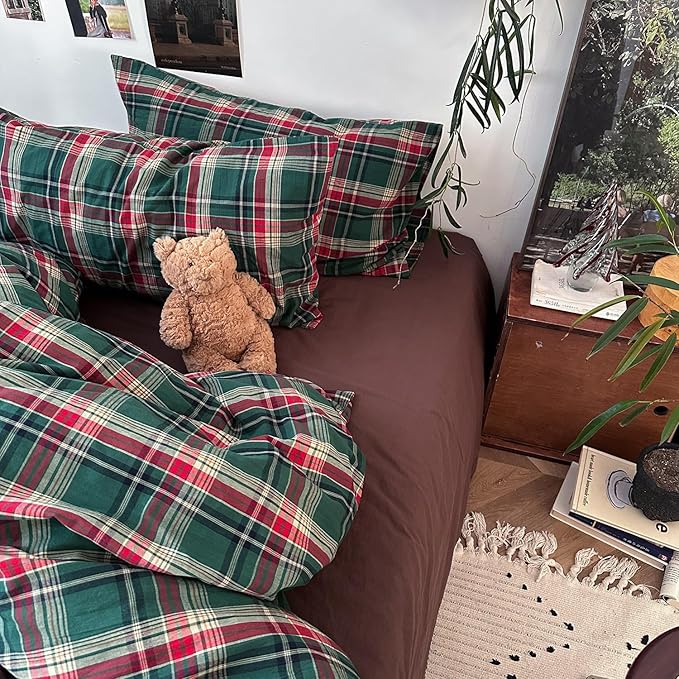 mixinni Vintage Green Buffalo Plaid Washed Cotton Duvet Cover Queen - Image 4