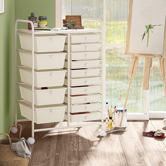 HAPPYGRILL 15-Drawer Rolling Cart, Storage Carts with Removable Drawers & Steel Frame, Utility Cart on Lockable Wheels for Home, School, Office (Ivory)