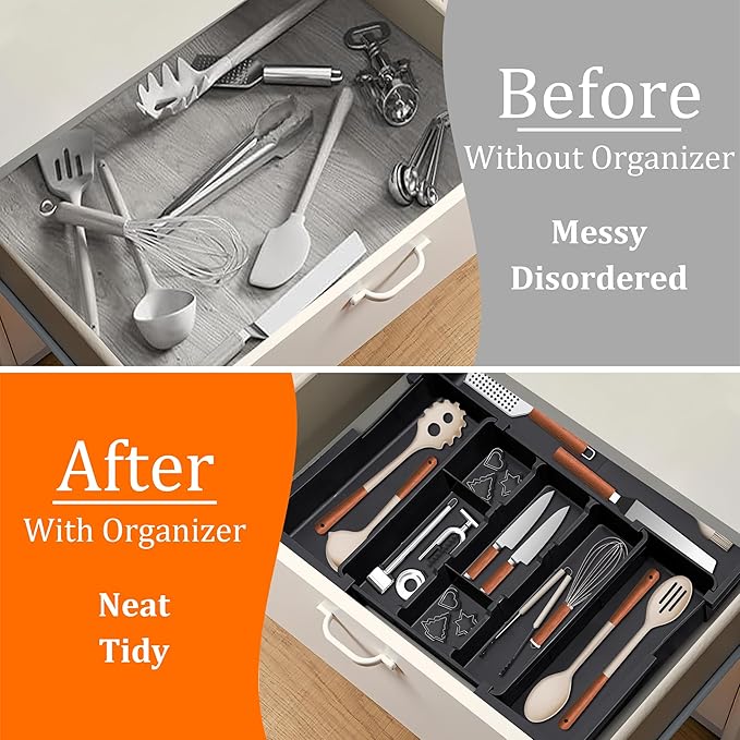 Spaclear Large Utensil Drawer Organizer Expandable Silverware Organizer for Kitchen Drawer Adjustable Cooking Utensil Holder Cutlery Flatware Tray Spatula Tools Gadgets Storage Dividers Plastic Black