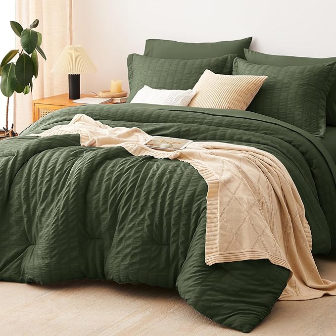CozyLux Queen Comforter Set Olive Green Seersucker 7 Pieces Bed in a Bag Queen by CozyLux