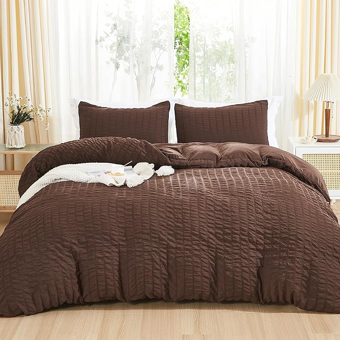 AveLom Brown Duvet Cover Cal King, 3 Pieces, Seersucker Striped Soft Washed by AveLom