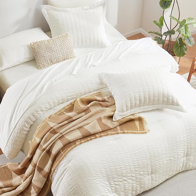 CozyLux King Size Comforter Set Ivory Seersucker 7 Pieces Bed in a Bag King - Image 4