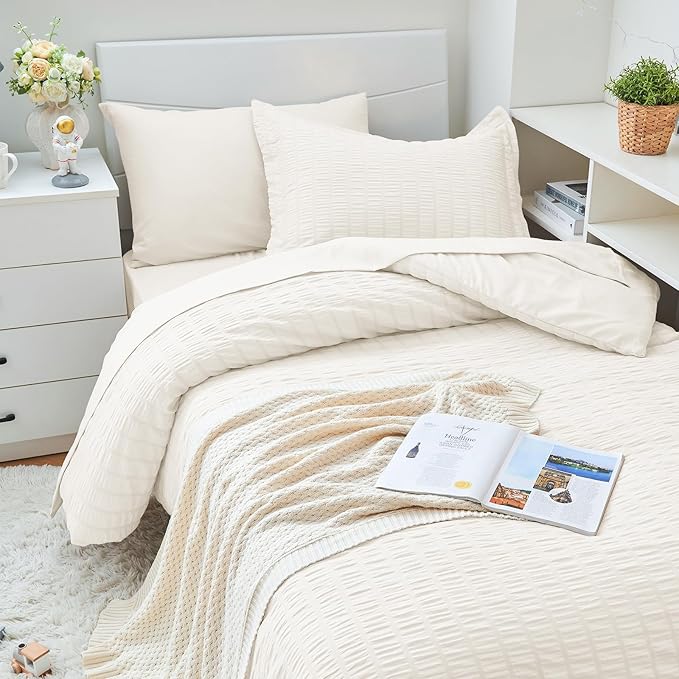 HYMOKEGE Ivory Twin XL Comforter Set Seersucker 5 Pieces, All Season Luxury Bed - Image 2