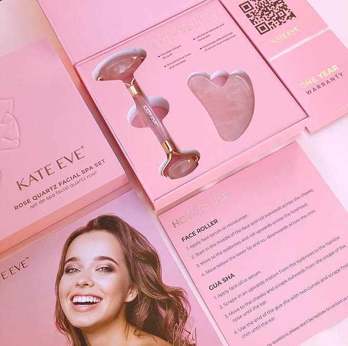 Kate Eve Rose Quartz Face Roller & Gua Sha Set – Luxury Facial Spa Gift - Image 2