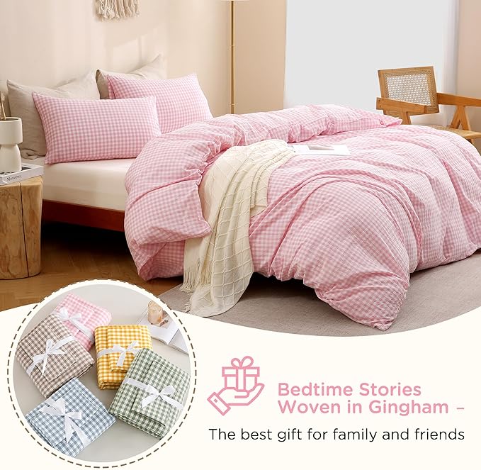TOCOMOA Pink Gingham Duvet Cover Bedding Set 100% Washed Cotton Like Linen Feel - Image 7