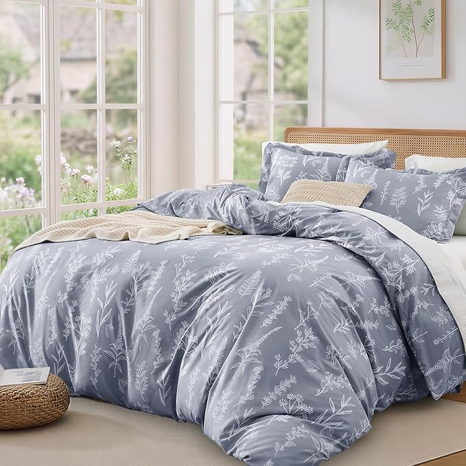 MUXHOMO Duvet Cover Queen Size, Reversible Floral Grey Duvet Cover Set - Image 9