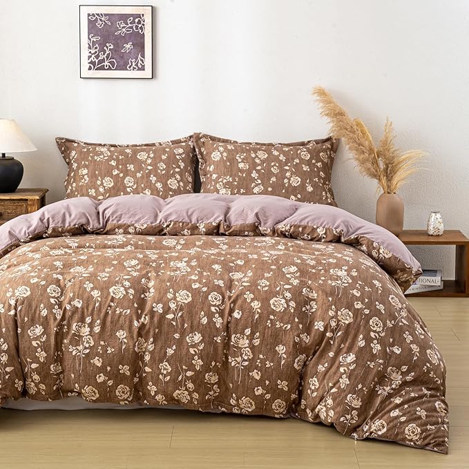OAITE Brown Flower Twin Size Duvet Cover-3 Pieces Prewashed Cotton-Like by OAITE