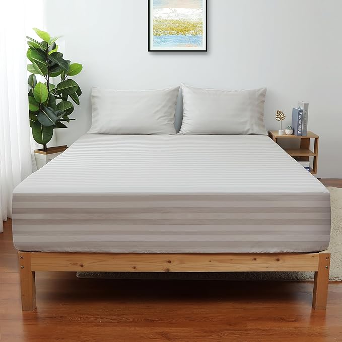 Twin XL Size Striped Fitted Sheet Only Light Beige Color, 100% Egyptian Cotton by ShunjieHome
