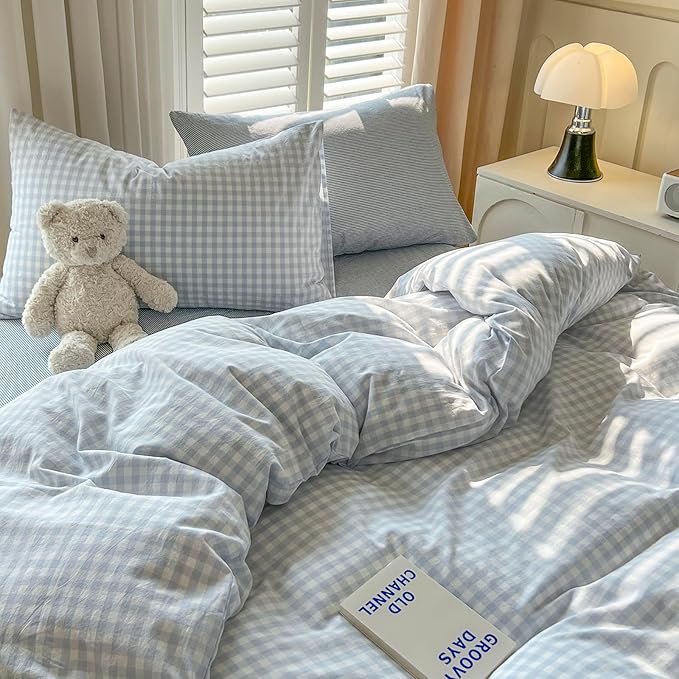 mixinni Light Blue Gingham Duvet Cover Set Full Size - Image 4