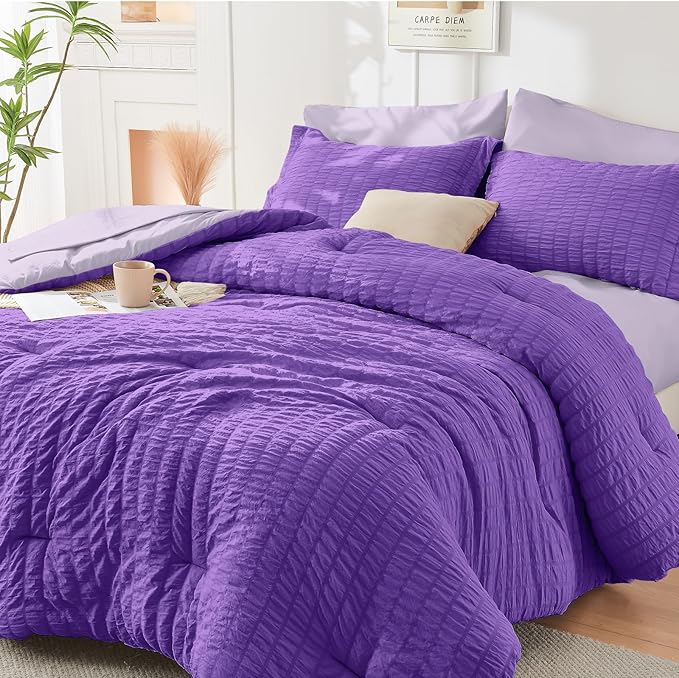 HYMOKEGE Dark Purple/Lavender Twin Comforter Set Seersucker 5 Pieces, All by HYMOKEGE