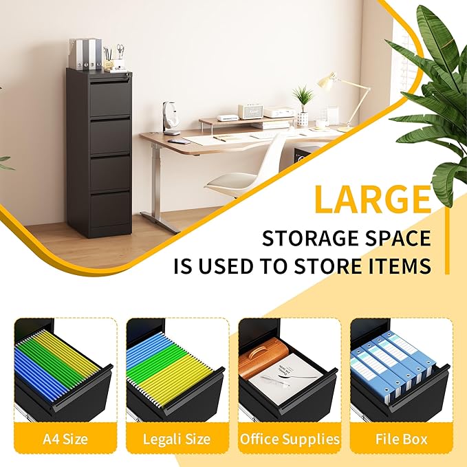 Reegangfa 4 Drawer File Cabinet with Lock, 18" D Metal Vertical Filing Cabinets, Steel File Storage Cabinets for Home Office, Hanging A4 Legal/Letter Size Narrow File Cabinet, Assembly Required