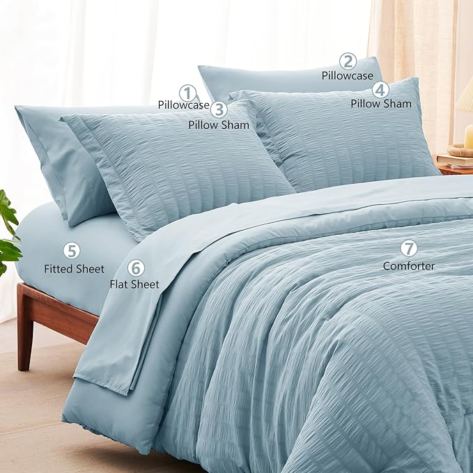 CozyLux King Size Comforter Set Light Blue Seersucker 7 Pieces Bed in a Bag - Image 8