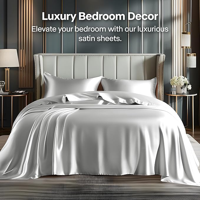 BEDELITE California King Sheets Set, Luxury Soft Grey Satin Sheets - Image 2