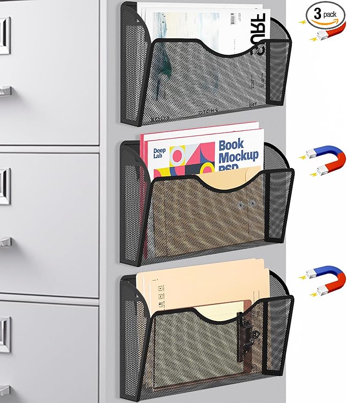 Magnetic File Holder 3 Pockets File Folder Organizer, Office Hanging Magazine Rack for File Cabinets, Magnetic Paper Holder, No Drilling Mail Organizer for Refrigerator, Whiteboard, Office, Kitchen