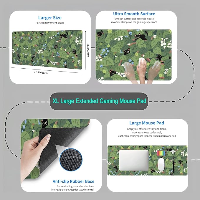 Green Mousepad Desk Mat Cute Anime Black Cat Kawaii Mouse Pad Gaming XL Large Extended Sage Leaves Desk Matt for Desktop, Computer Keyboard Mouse Mat for Women Office Decor Accessories 31.5x11.8 in