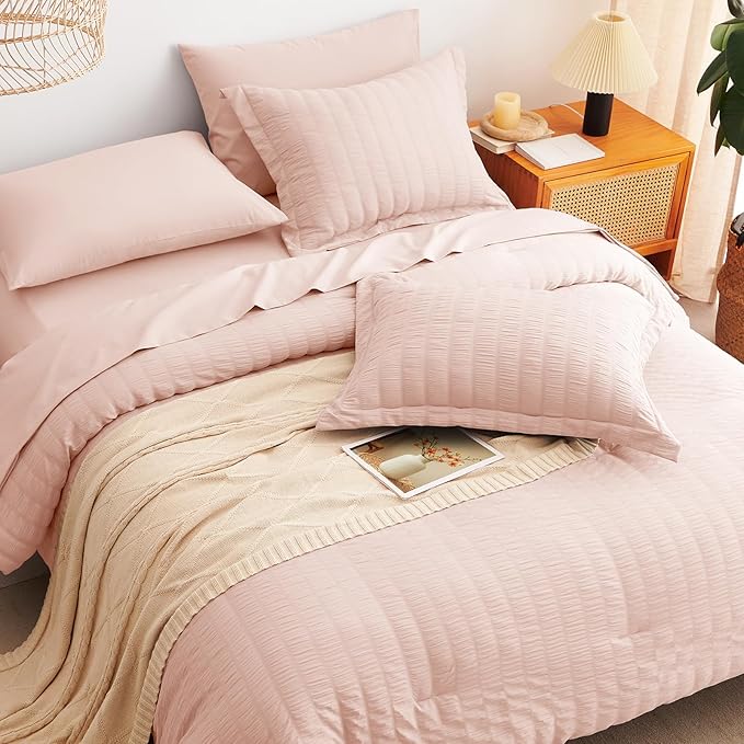 CozyLux Queen Comforter Set Blush Pink Seersucker 7 Pieces Bed in a Bag Queen - Image 6
