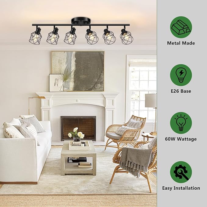 Baocuz 6-Lights Black Semi Flush Mount Ceiling Light, Rotatable Kitchen Track - Image 3