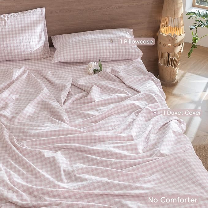 MooMee Gingham Duvet Cover Set 100% Washed Cotton Linen Like Textured - Image 2