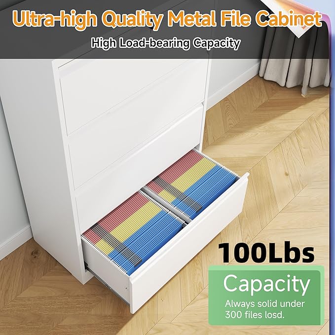 LONGLINK 4 Drawer Lateral File Cabinets with Lock,Metal Filing Cabinet for Home Office,Wide Office Storage Cabinet with Hanging Bars for A4 Legal/Letter Size(White-Easy Assembly)