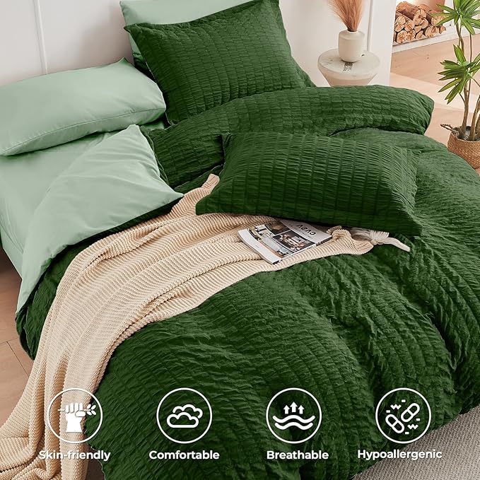 HYMOKEGE Dark Green/Sage Green Twin Comforter Set Seersucker 5 Pieces, All - Image 3