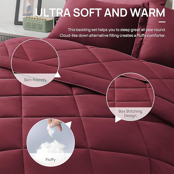 Love's cabin Full Comforter Set Burgundy, 7 Pieces Full Bed in a Bag, All - Image 4
