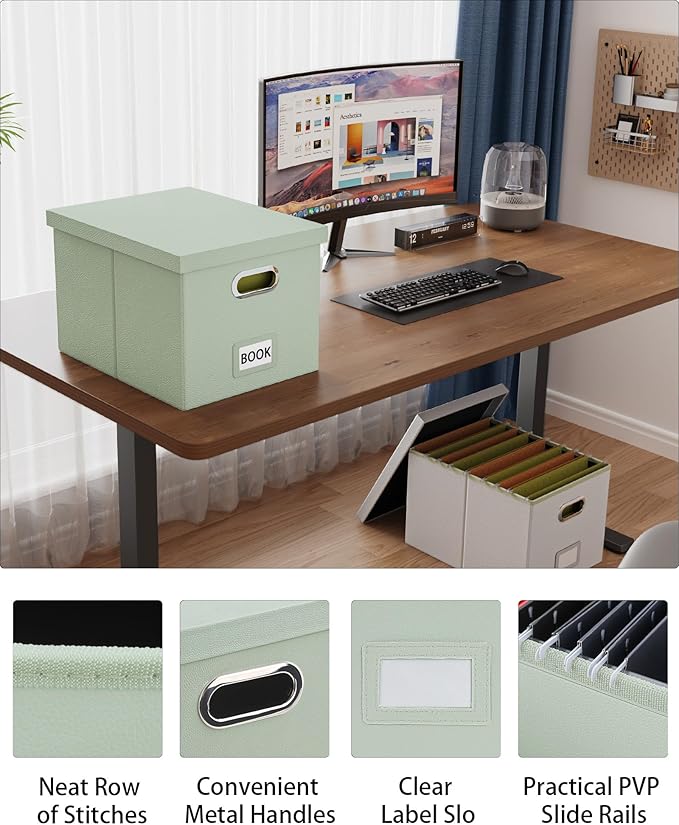 Oterri File Organizer Box,Filing Box with Lid,File Box for Letter/Legal File Folder Storage, Portable Hanging File Box for Office/Decor/Home,1 Pack, Grey-green(Leather),Box only, AM03118