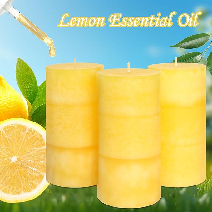3 x 6 Inches Pillar Candles Lemon Scented Yellow Decorative Rustic Candles - Image 3