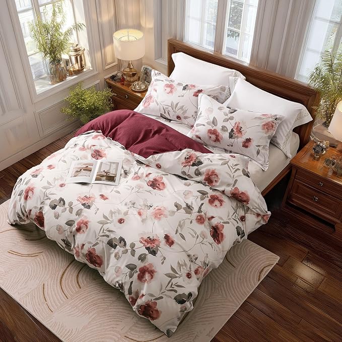 OAITE Duvet Cover King Size, Reversible Blooming Flowers White Duvet Cover Set - Image 3