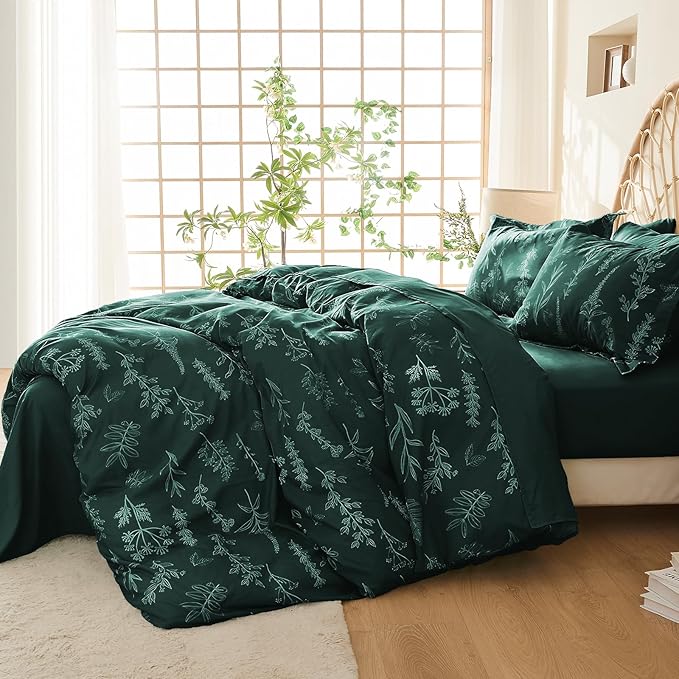 MUXHOMO Duvet Cover King Size, Reversible Floral Forest Green Duvet Cover Set - Image 2