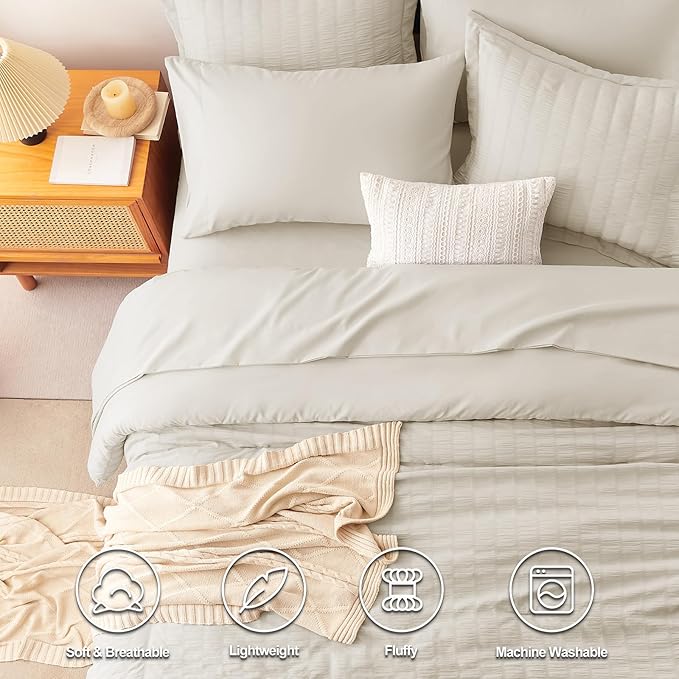 CozyLux King Size Comforter Set Oatmeal Seersucker 7 Pieces Bed in a Bag King - Image 2