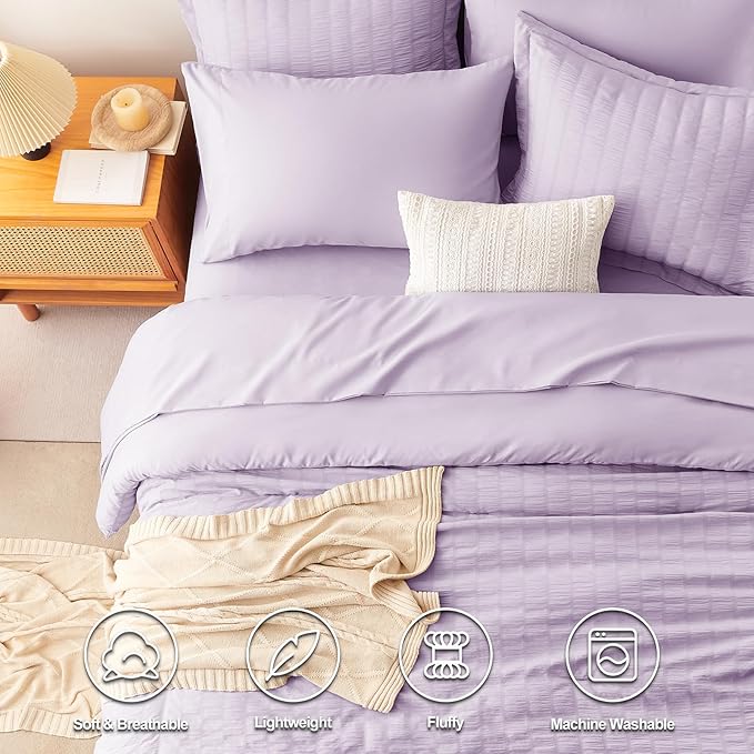 CozyLux Queen Comforter Set Light Purple Seersucker 7 Pieces Bed in a Bag Queen - Image 2