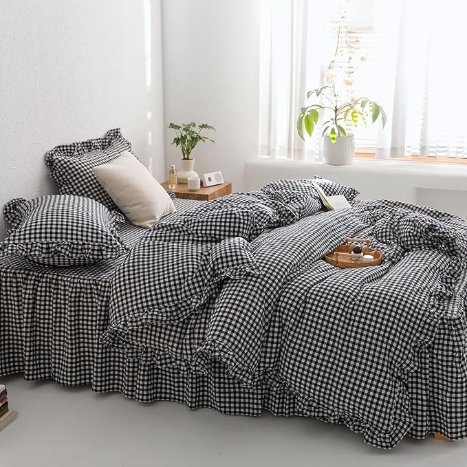 mixinni Black White Gingham Ruffle Duvet Cover Queen Size 3 Pieces – 100% - Image 3
