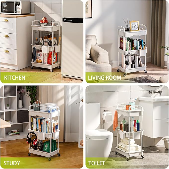 Sorgion 3 Tier Rolling Cart Organizer,Laundry Room Bathroom Organizers and Storage Office Shelves Mobile Shelving Unit Kitchen Trolley Cart with Wheels for Art,Craft,Diaper,Bedside,Snack(White)