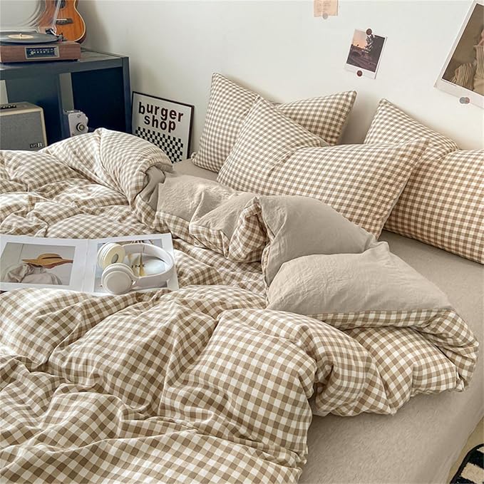 Nayoroom Gingham Duvet Cover King Size Brown Tan Plaid Checkered Comforter - Image 3